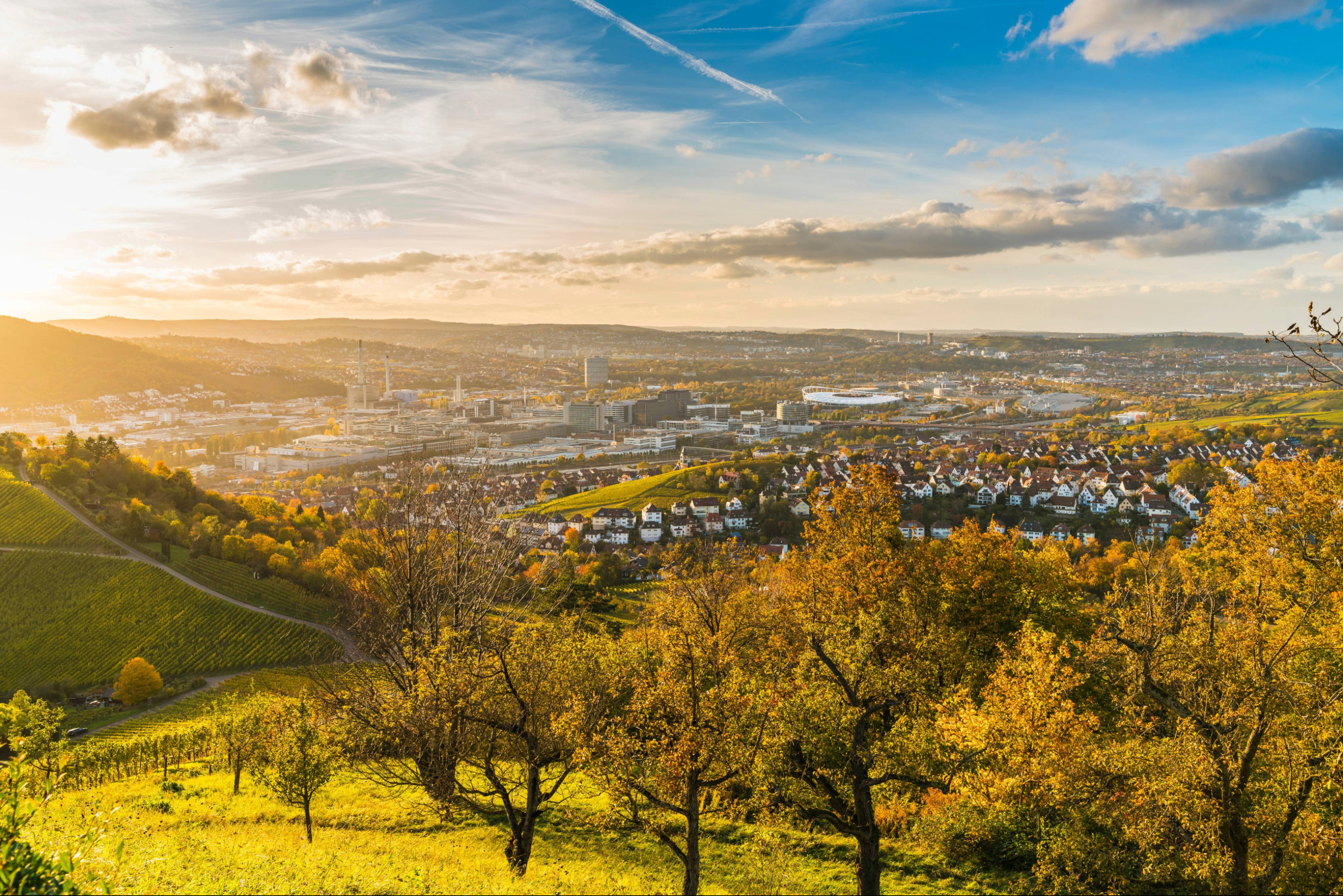 Herbstliche Panoramaaufnahme von Stuttgart mit Weinbergen im Vordergrund, Stadtsilhouette und Industrieanlagen im Tal.